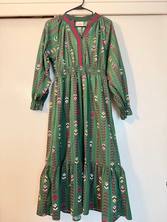Umgee Dresses & Skirts - Umgee Green Patterned Long-Sleeve Midi Dress with Pink & Yellow Accents